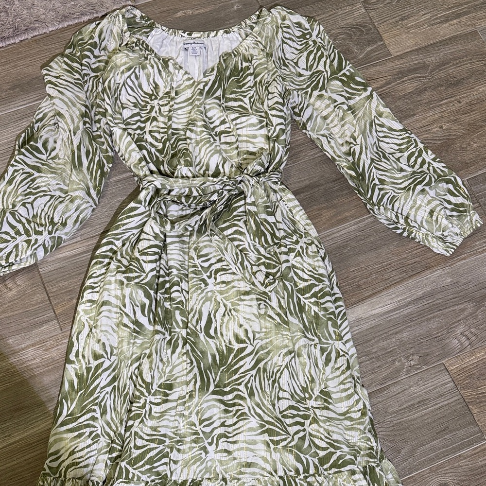 Tommy Bahama Olive Palm Leaves Green Printed Maxi Dress with Belt